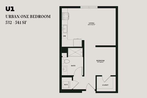 Floor plan for 1 bed, 1 bath, 532 sqft
